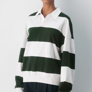 Aritzia TNA Lomu Polo Green and White Striped Top